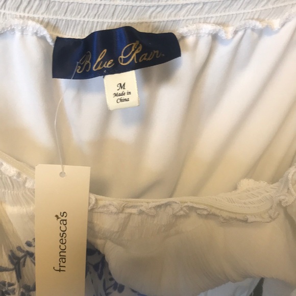 White Off-the-Shoulder Blue Floral Romper - Picture 3 of 3